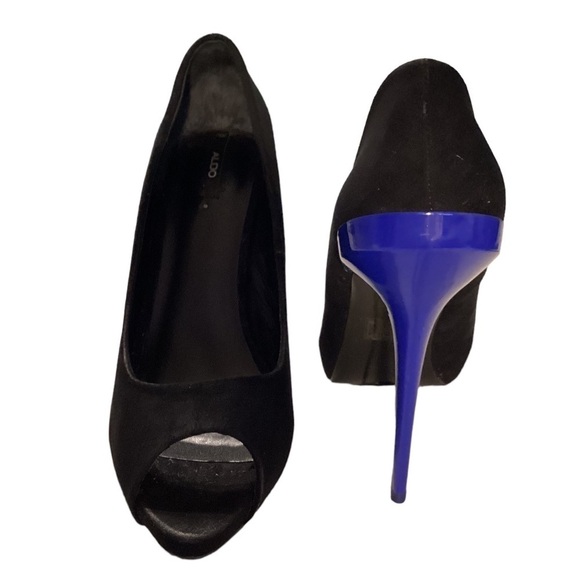 Aldo Tarolli Women’s Black Suede Blue Heel Open Toe High‎ Heel Shoes s 9M - Picture 1 of 8